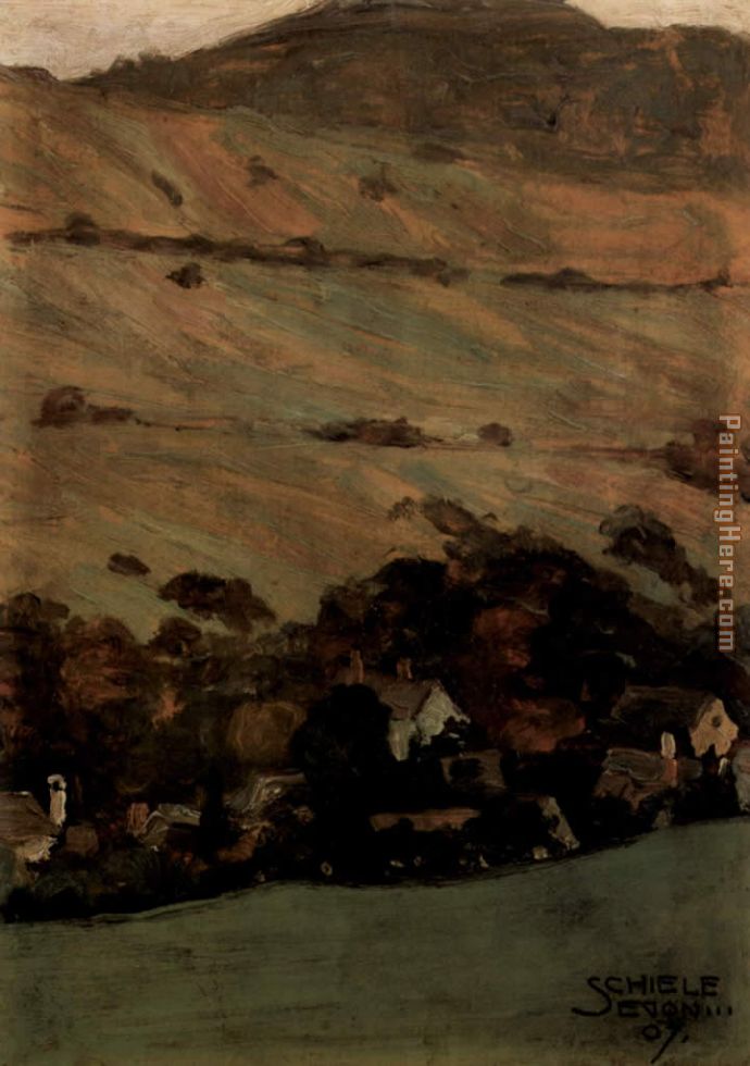 Houses before mountain slope painting - Egon Schiele Houses before mountain slope art painting